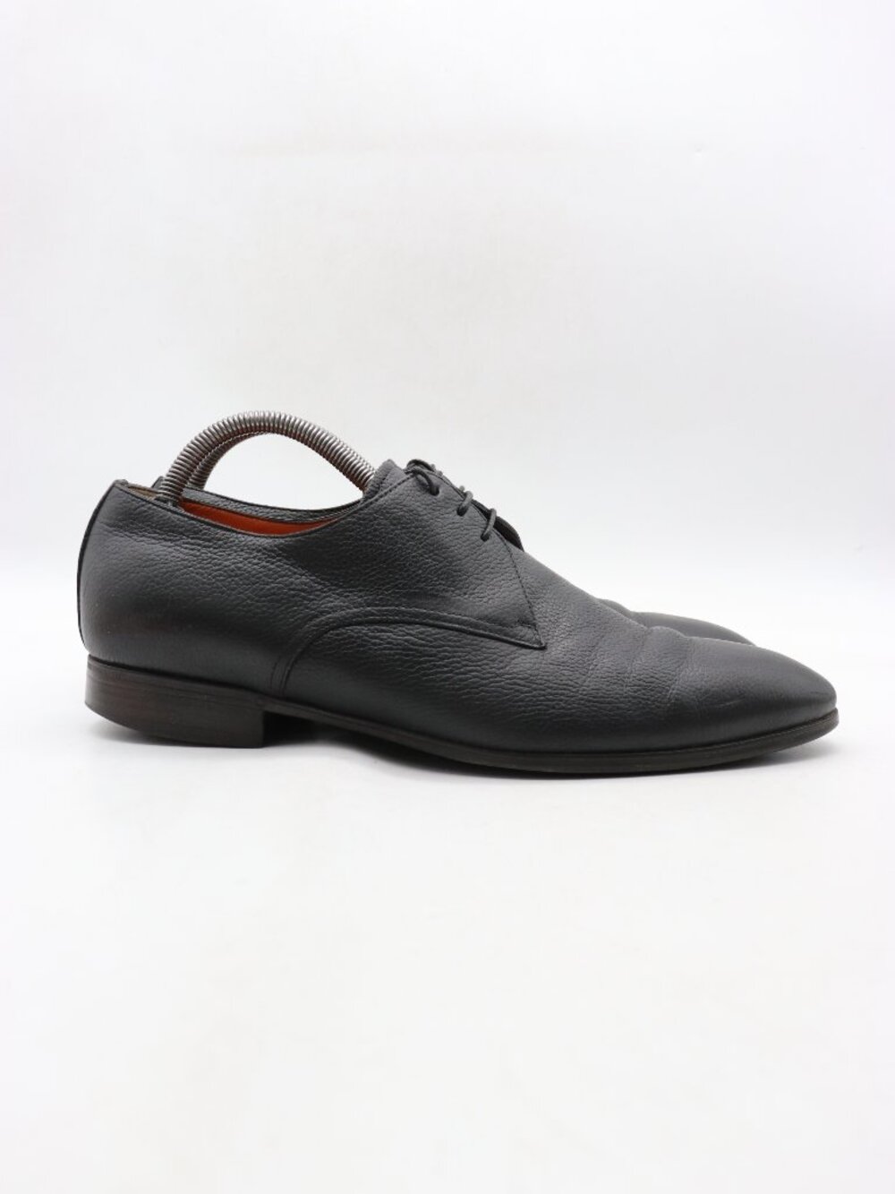 Santoni Black Pebbled Leather Plain Toe Men's Size 8.5 D Derby Shoes Lace Up